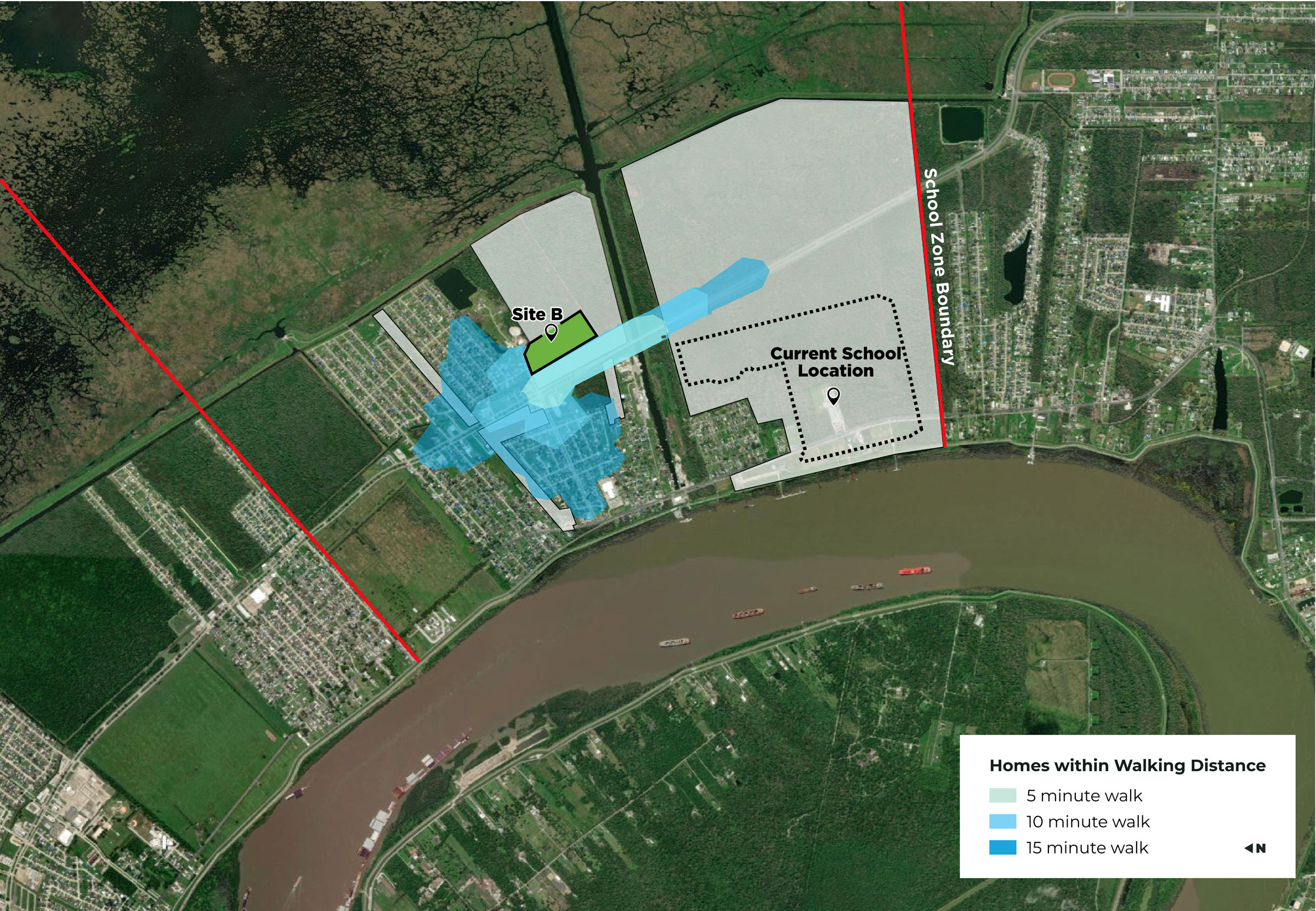 Map showing how many homes are within a 5, 10, or 15 minute walk from the  proposed new school Site B, which is at the Southeast corner of Judge Perez and Colonial Blvd location. Each time increment is shown with a blue area, a 5-minute walk being the lightest blue, and a 15-minute walk being the darkest blue. The 5 and 10-minute walk areas touch limited residential areas. Homes off of Colonial Blvd are withing a 15 minute walk. Also within a 15-minute walk are homes in a triangular area between the intersections of Genie Street and Lakewood Drive, Judge Perez and Angelique Drive, and Colonial and 6th.